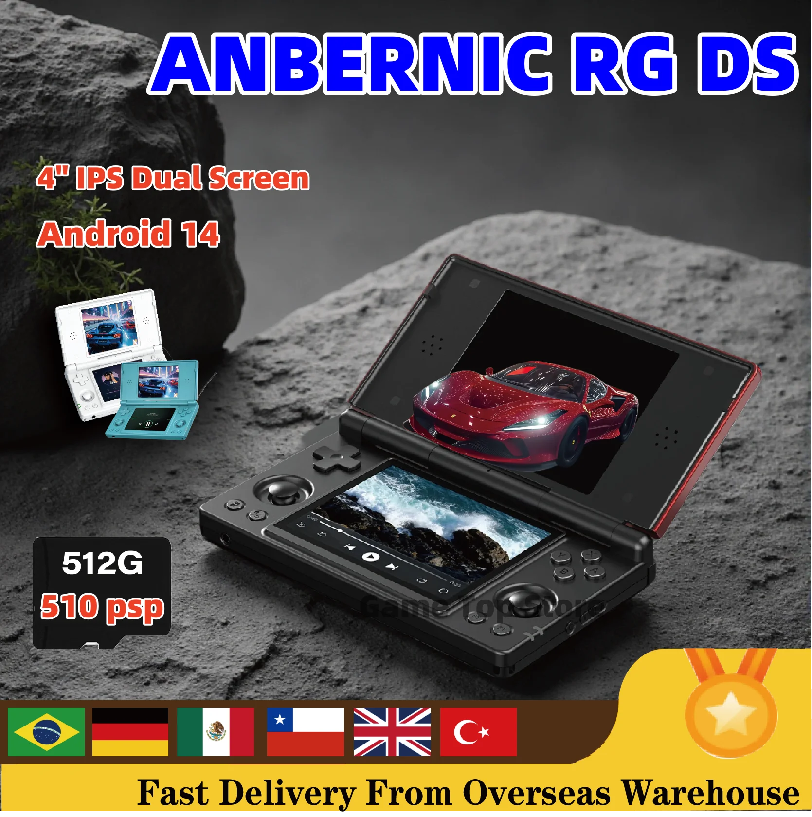 Anbernic RG DS Console de jeu vidéo rétro Android 14 4 pouces IPS double écran multi-touch lecteur de jeu à rabat RGDS pour cadeau de noël